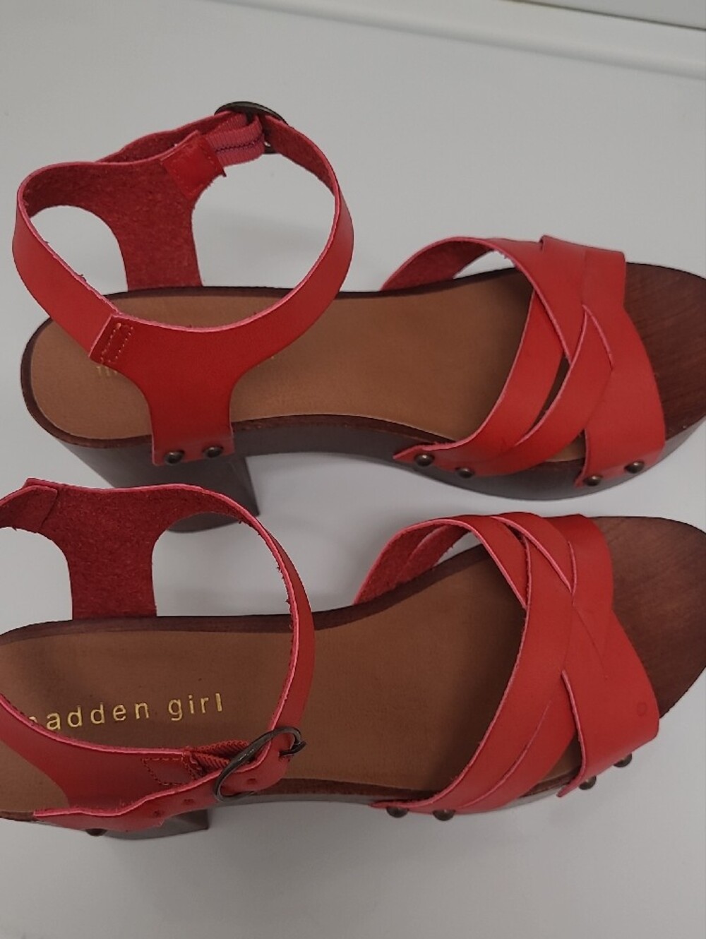 Madden Girl Coral-Red Strappy Block Heel Sandal 4 Inch Heel